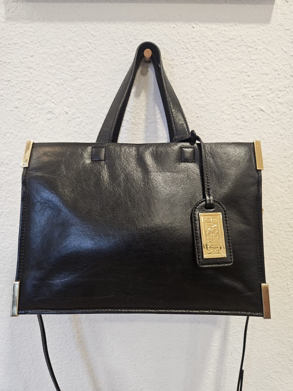 Badgley Mischka Black Structured Leather Top Handle Tote Crossbody Handbag Gold